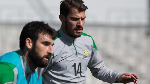 Mile Jedinak and James Troisi at the Socceroos training camp in Osaka.