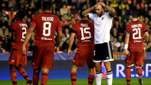 Valencia's Ruben Vezo expresses his frustration during his side's Champions League loss to Lyon.