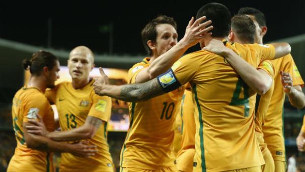 The Caltex Socceroos celebrate scoring against Jordan in FIFA World Cup qualifying.