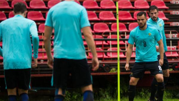 The Caltex Socceroos take part in a training drill in Bangkok.