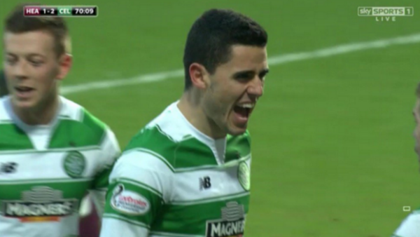 Tom Rogic celebrates scoring for Celtic against Hearts in the SPL on Sunday night.