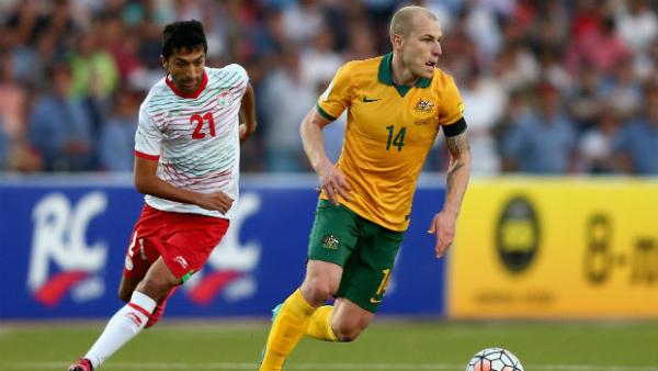 Caltex Socceroos midfielder Aaron Mooy on the ball against Tajikistan in Dushanbe.