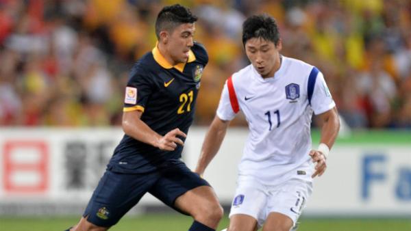 Midfielder Massimo Luongo on the ball against Korea Republic in Brisbane.