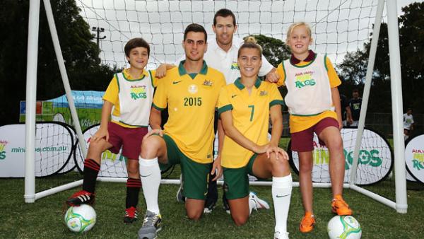 Juric alongside Brett Emerton and Steph Catley at the launch of the MiniRoos program.