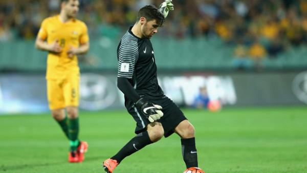 Mat Ryan on the ball during Australia's thumping win over Tajikistan.