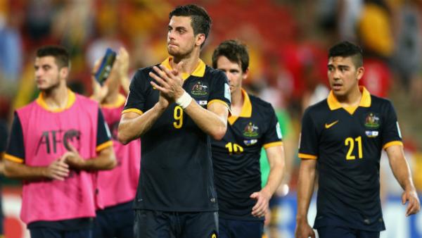 The Socceroos at full-time at Brisbane Stadium.