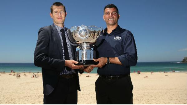 Brett Emerton and John Aloisi with the AFC Asian Cup trophy.