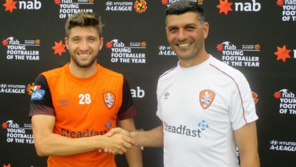 Brisbane Roar striker Brandon Borrello and coach John Aloisi at Thursday's NAB announcement.
