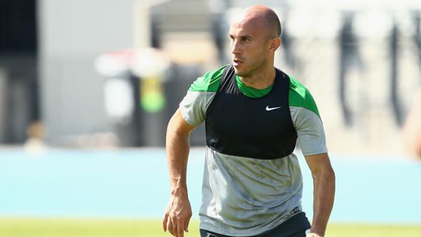 Mark Bresciano on the ball during a Socceroos training session in Melbourne.