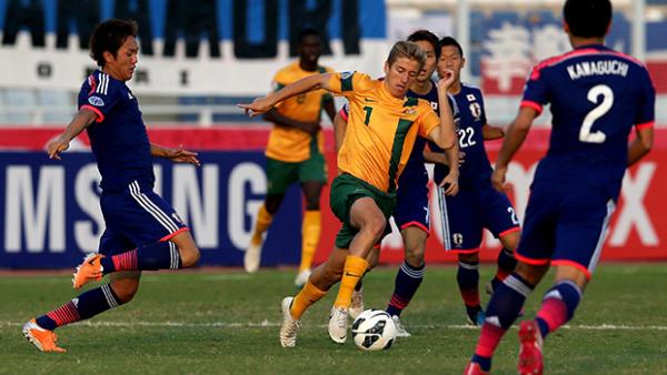 Stefan Mauk on the ball when the Olyroos last played Japan at the AFC U-22 Championship.