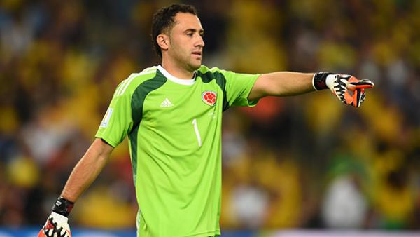 Ospina organises his team during Colombia's 2-0 win over Uruguay.
