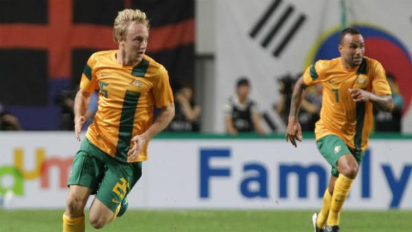 Mitch Nichols on the ball against Korea Republic at the EAFF East Asian Cup in 2013.