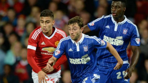 Socceroo Tommy Oar in action for Ipswich against Manchester United in England's League Cup.