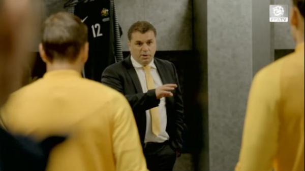 Coach Ange Postecoglou gives some final instructions to the Caltex Socceroos ahead of kick-off against Greece.