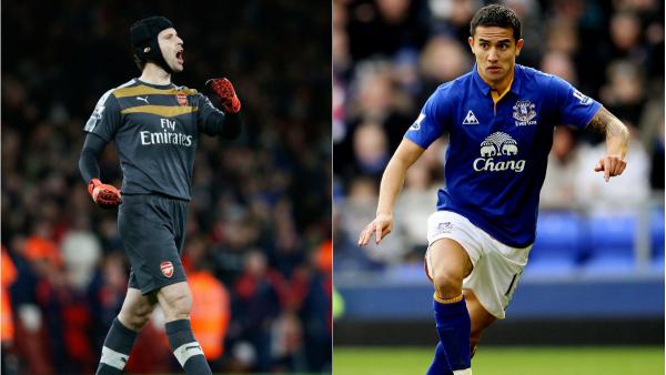 Arsenal's star goalkeeper Petr Cech and Socceroo legend Tim Cahill during his days with Everton.
