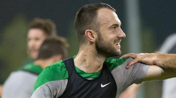 Socceroos defender Ivan Franjic stretches at the Socceroos Dubai training camp.