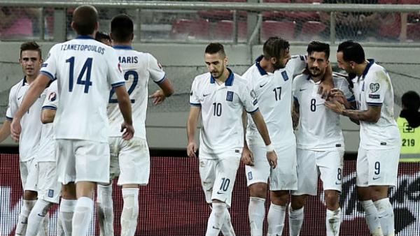 Greece celebrate Panagiotis Kone scoring against Hungary in Euro 2016 qualifying.