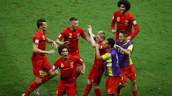 Belgium players celebrate after Kevin De Bruyne opened the scoring against USA.