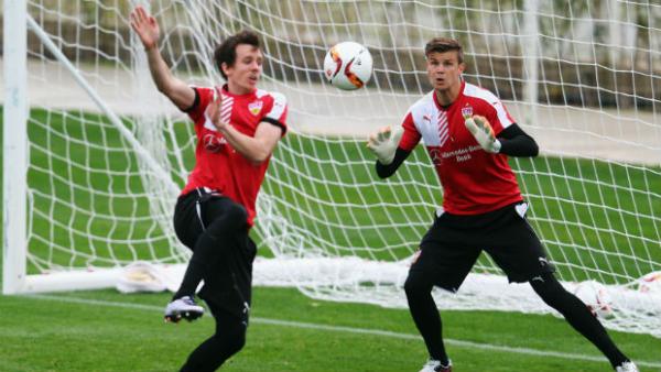 Socceroos Robbie Kruse and Mitch Langerak in training with German side VfB Stuttgart.