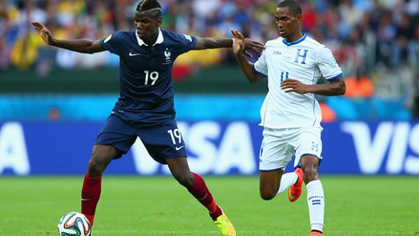 Pogba in action for France against Honduras at the World Cup in Brazil.