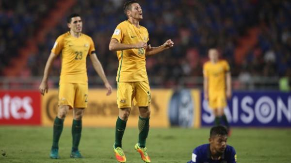 Nathan Burns reacts after hitting the crossbar with a shot against Thailand.