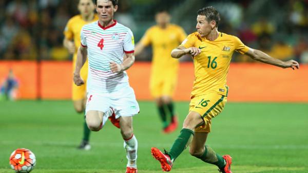Nathan Burns on the ball during Australia's 7-0 demolition of Tajikistan.