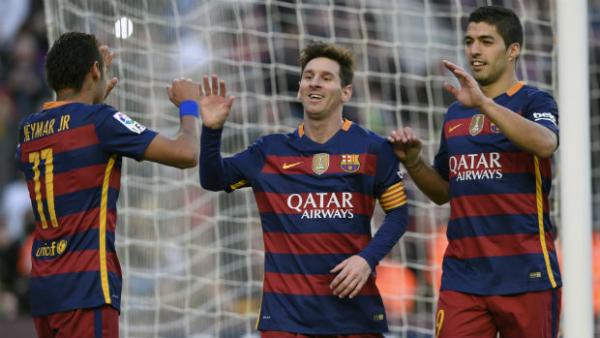 Barcelona strikeforce trio Neyamr Jnr, Lionel Messi and Luis Suarez.