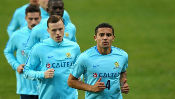 The Caltex Socceroos go through their warm-up at Leichhardt Oval.