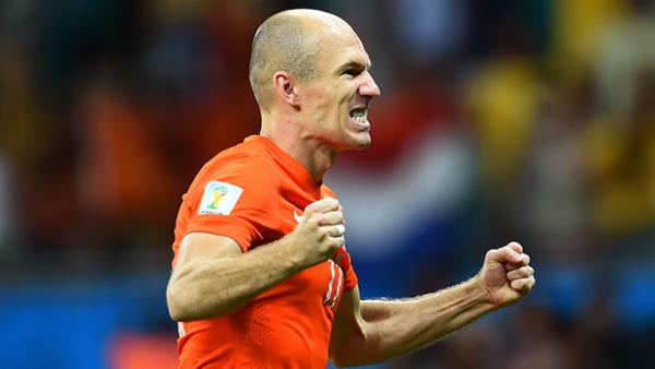 Arjen Robben celebrates the Netherlands' penalty shoot-out win over Costa Rica.