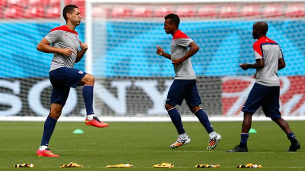 The USA team in training ahead of their knockout clash with Belgium.