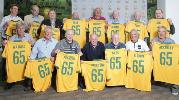 Players from the 1965 Socceroos squad pose during the Football Federation Australia Hall of Fame induction ceremony