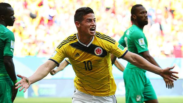Colombia's James Rodriguez celebrates after scoring against Cote D'Ivoire.