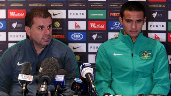 Socceroos boss Ange Postecoglou and Tim Cahill.