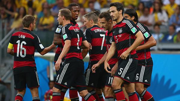 German players celebrate after Thomas Muller opened the scoring against Brazil.