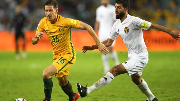 Nathan Burns on the ball during the Socceroos' clash with Jordan in March.