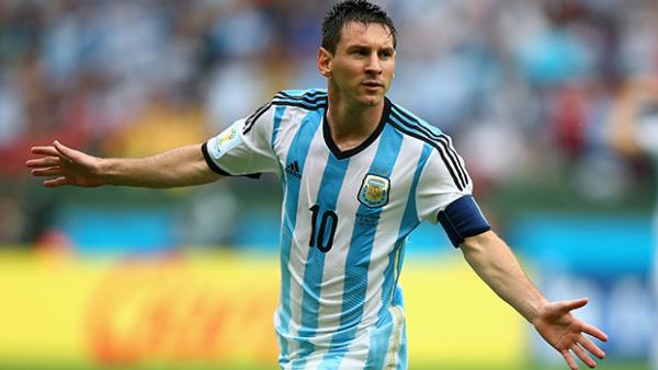 Messi celebrates Argentina's second goal against Nigeria.