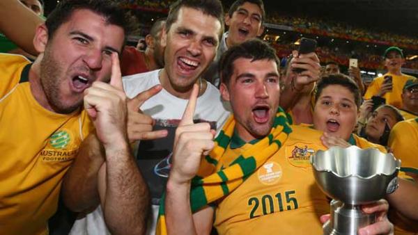 Mat Ryan celebrating with fans after the Caltex Socceroos' historic AFC Asian Cup triumph in 2015.