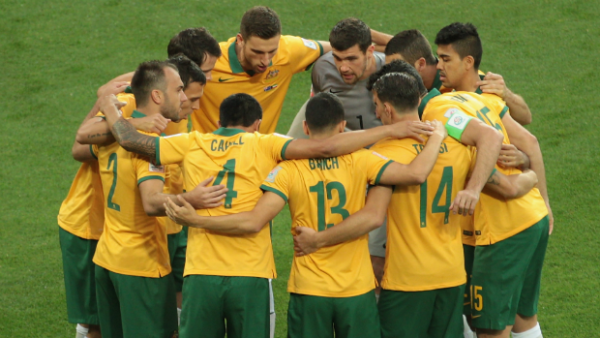 The Socceroos prior to kick-off against Kuwait.