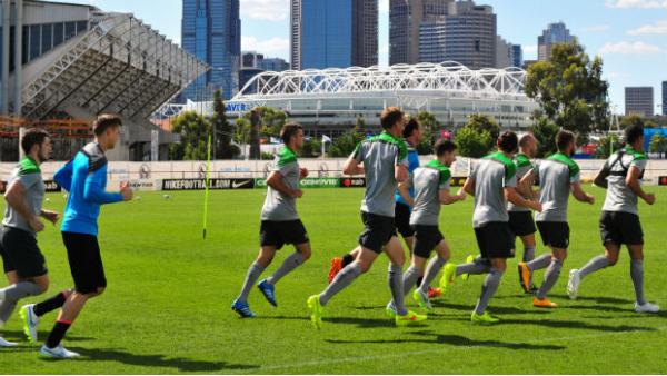 The Socceroos taking part in their first training session in Melbourne.