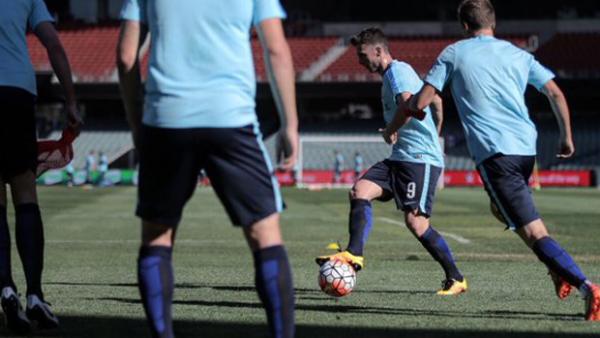 Apostolos Giannou on the ball during the Socceroos' first training session in Adelaide.