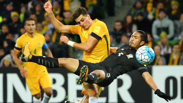 Tomi Juric gets a shot away during the Caltex Socceroos' 2-0 win over Thailand.