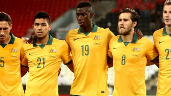 Socceroo winger Bernie Ibini alongside Massimo Luongo and Josh Brillante.