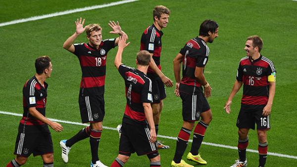 Germany players celebrate another goal in their 7-1 semi-final demolition of Brazil.