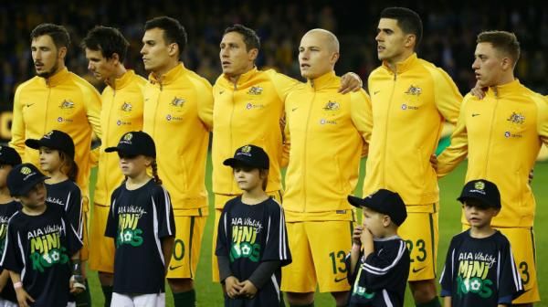 The Caltex Socceroos ahead of kick-off against Greece in Melbourne in June.