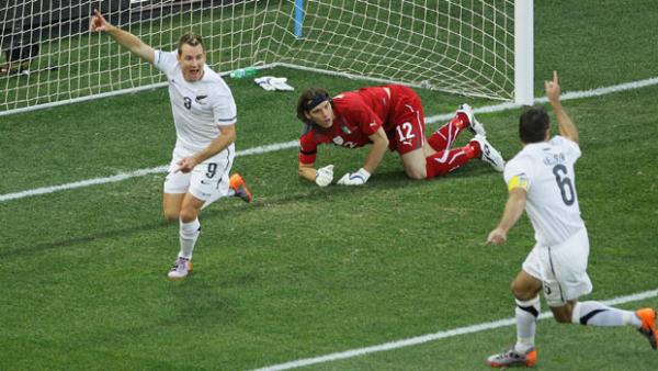 Sydney FC and Kiwi striker Shane Smeltz celebrates after scoring against Italy at the 2010 FIFA World Cup.