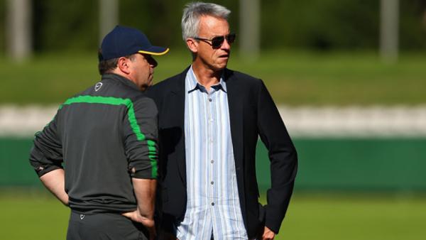 FFA CEO David Gallop alongside Socceroos boss Ange Postecoglou.