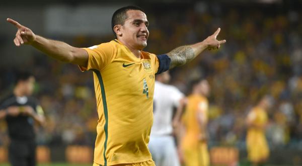 Caltex Socceroos striker Tim Cahill celebrates scoring against Jordan in World Cup qualifying.