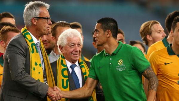 FFA CEO David Gallop and Caltex Socceroos striker Tim Cahill.