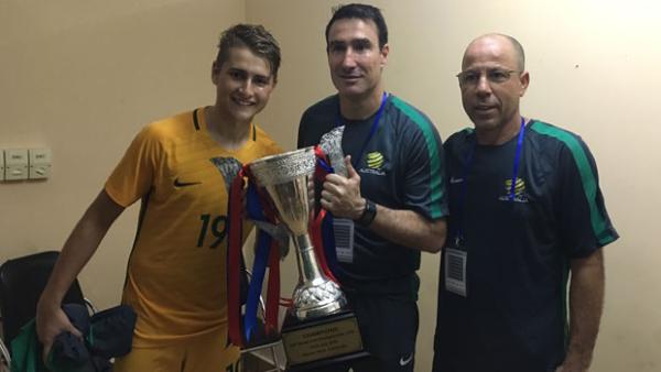 Joeys Coach Tony Vidmar celebrates following Australia's win over Vietnam.
