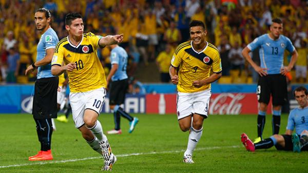 Rodriguez celebrates after scoring his wonder goal against Uruguay.